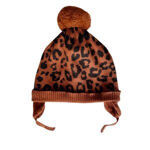 Gap Baby Brown Leopard Print Beanie Hat Warm Winter with Ear Flaps & Ties 12-18M